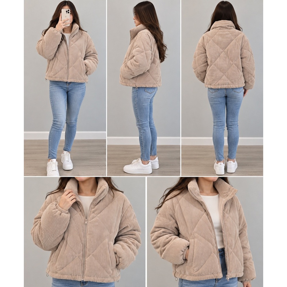 Love Tree Tan Beige Corduroy Puffer Jacket Diamond Quilted Zip Up Small